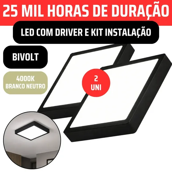 Kit 2x Plafon Led Quadrado 4000K Branco Neutro Sobrepor Estrutura Preta Bivolt 110v/220v Painel Luminária Driver 18w Slim 20x20 Comercial Residencial Corredor Escritório Forro Gesso Vmd Homecenter