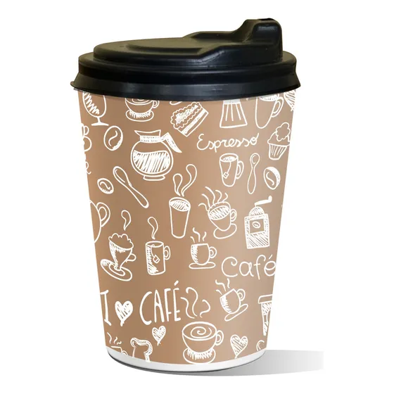 Copo Papel 180 Ml Descartável Arte Café C/tampa Bico - C/100