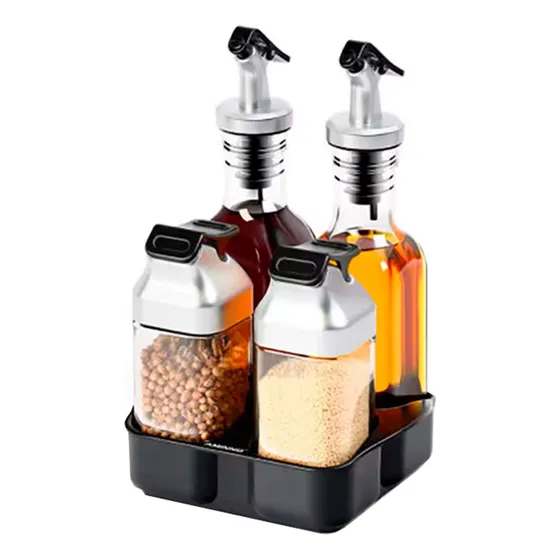 Set Condimentos Sal Pimienta Aceite Vinagre Vidrio Soporte