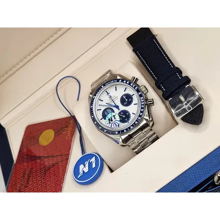 Relogio Omega Speedmaster Super Eta Snoopy 50th +maleta Azul E Prata Azul Branco