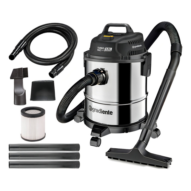 Aspirador De Pó E Líquidos Inox Gradiente 12l 1200w Turbo Vac Pgac120 Prata/preto 127v