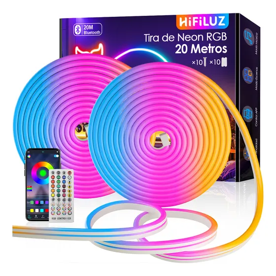 Hifiluz Tira De Neon Rgb Flex De Led 20m Ip68 Luces Flexible Bluetooth App Y Control Remoto Micrófono Incorporado, Sincronización De Música Led Luz Luces Para Cuarto Inteligente