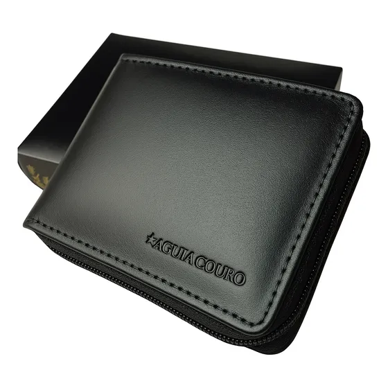Águia Couro Carteira Masculina Com Zíper Carteira Cor Preto Couro Legitimo
