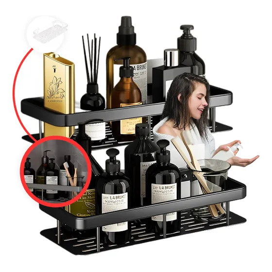 Kit 2 Suporte Shampoo Prateleira Banheiro Retangular Nicho Ocean Organizador Cor Preto