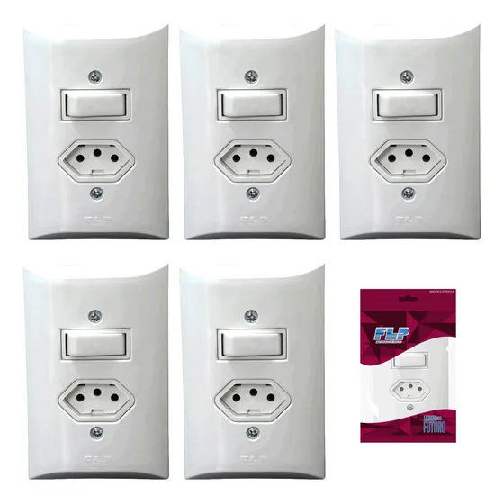 Kit 5un 4x2 Tomada E Interruptor Simples 10/20a Bivolt 2p+t