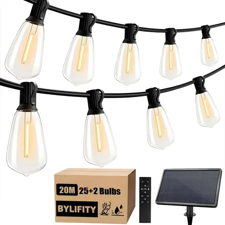 Bylifity® 20m Guirnalda De Luces Exterior Energía Solar & Usb-c, Cadena Solares Focos Con St38 25+2 Bombillas Luz Y… Blanco Cálido