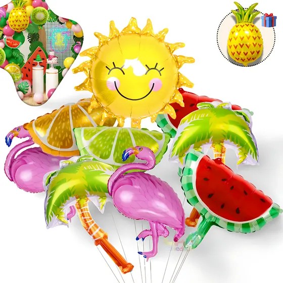 10 Balão Metalizado Pool Party Tropical Centro Mesa + Cor Colorido Frutas Tropical