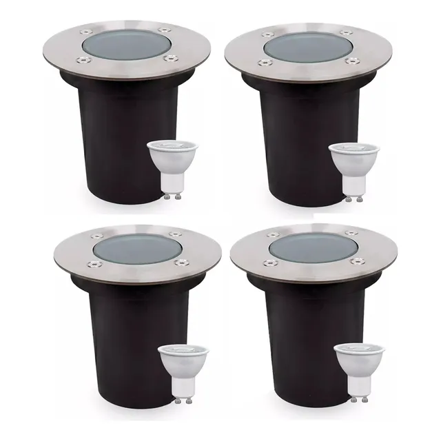 Aplique Empotrable Piso Acero Exterior + Dicro Led Pack X 4