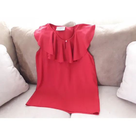 Blusa Dama Talla S / M, Con Volante Sin Manga, Rojo Intenso!