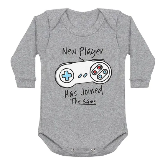 Body Bebê Manga Longa Geek Baby Jogador Video Game Cinza