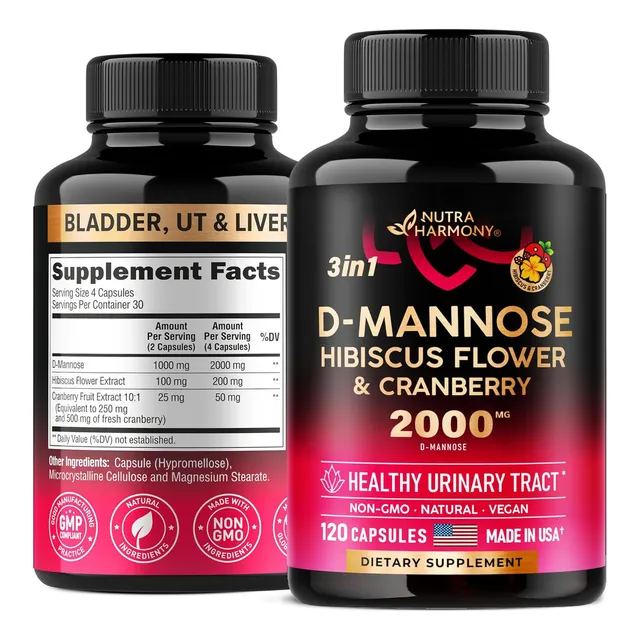 D Manosa 3 En 1 Con Cranberry + Hibiscus 2000mg 120 Capsulas Sabor Sin Sabor