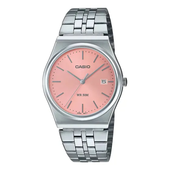 Reloj Casio Clásico Retro Digital Correa Plateado Bisel Plateado Fondo Rosa