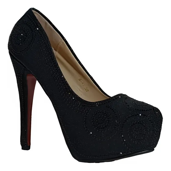 Zapato Negro Bordado Perlas Taco Aguja De 15 Cm Talle 39
