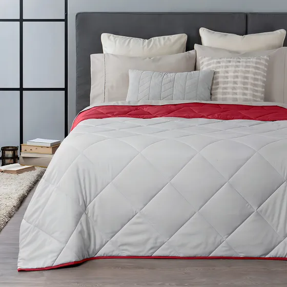 Colcha Doble Vista Queen Size Real Textil | Edredón Ligero Ideal Para Todo El Año (1 Pieza), Gris Claro - Rojo