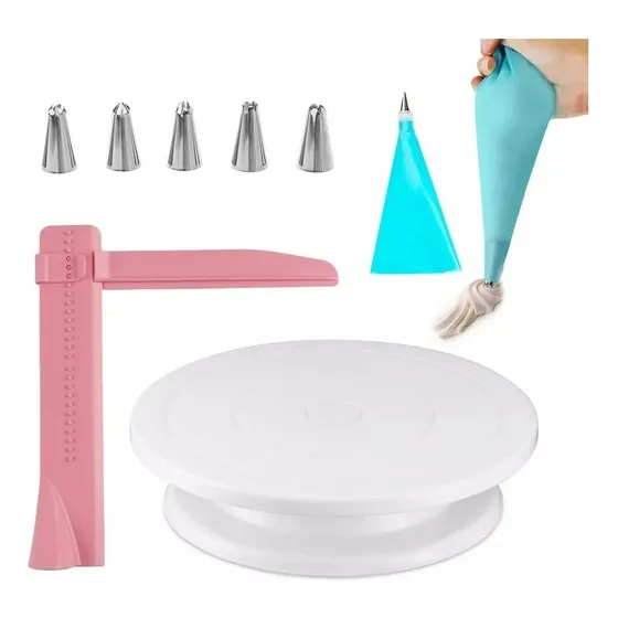 Set Reposteria Plato Giratorio Manga Picos Alisador Base Pie Espatulas Escalon Y Recta Torta Decoracion Cocina Color Blanco