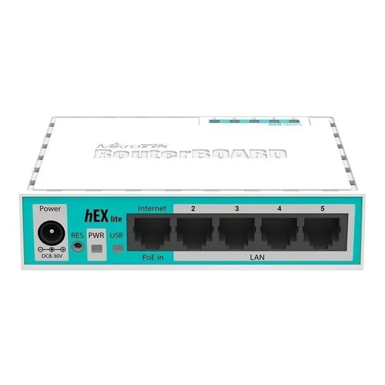 Roteador MikroTik RouterBOARD hEX Lite RB750R2 5 Portas Fast Ethernet 10/100mbps CPU 850 MHz 64MB Ram 1P PoE Passivo RouterOS Cor branco e azul-turquesa Bivolt 100V/240V