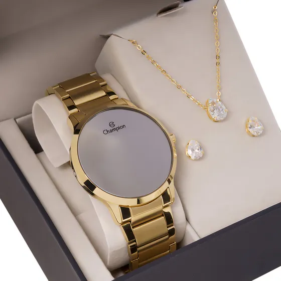 Kit Relógio Feminino Champion dourado espelhado colar brinco cor branco