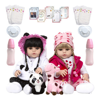 Boneca Reborn Gêmeas 100% Silicone Panda Girafa Pode Banho Boneca Reborn Gêmeas 100% Silicone Panda Girafa Pode Banho