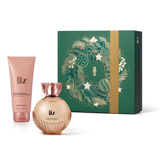 Kit presente Liz O Boticário contendo um frasco de perfume, um tubo de creme hidratante e uma caixa de presente verde decorada com guirlanda dourada.