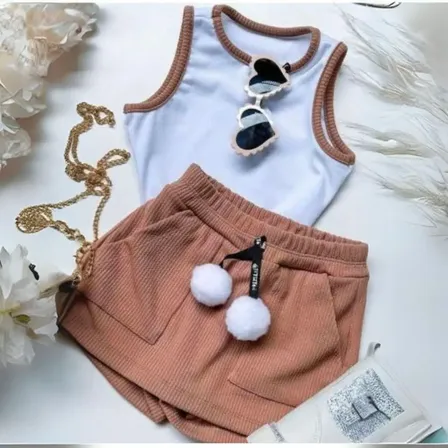 Conjunto Shorts Saia E Regata Menina Canelado Moda Fashion