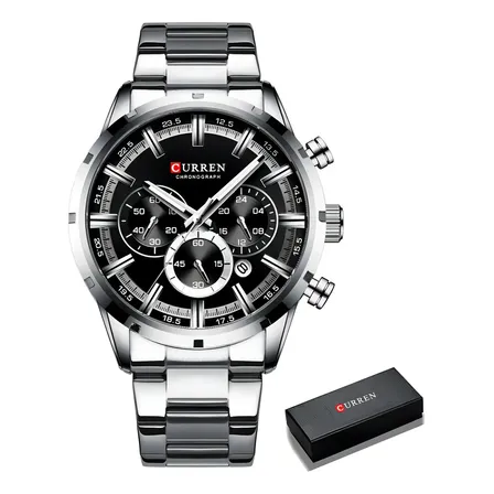 Relógio Masculino Curren 8355 Cronógrafo Funcional Esportivo Cor Da Correia Prateado Cor Do Fundo Preto