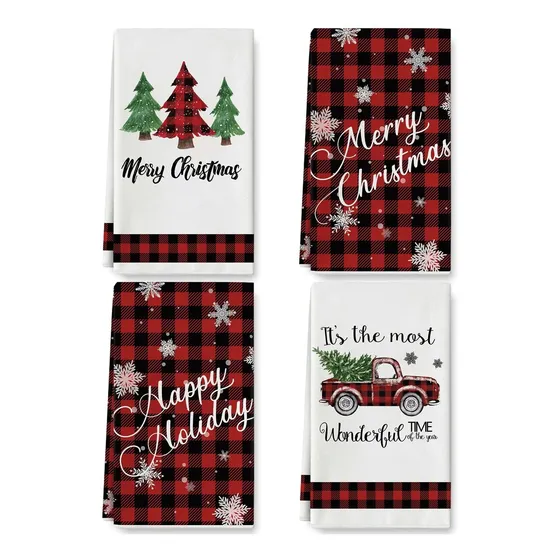 Anydesign 4 Toalla Cocina Merry Christma 18 X 28  Color Rojo
