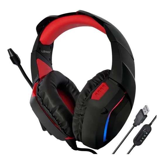 Fone De Ouvido C/ Microfone Headset Gamer Led Com Fio Usb Cor Vermelho