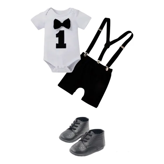 Conjunto Negro Bebe, 1 Año, Pañalero Short Tirantes Zapatos