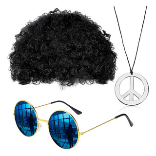 Peluca Para Disfraz De Hippie Color Negro Con Lentes Y Colla Peluca Para Disfraz De Hippie Color Negro Con Lentes Y Colla