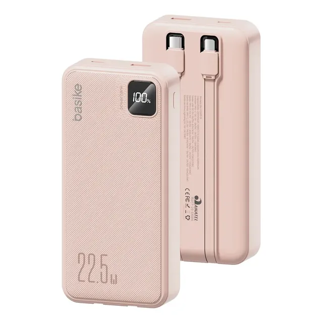 Power Bank Basike 20000mAh Rosa, Carga Rápida 22.5W para iPhone e Samsung, Com Cabos Embutidos e Display