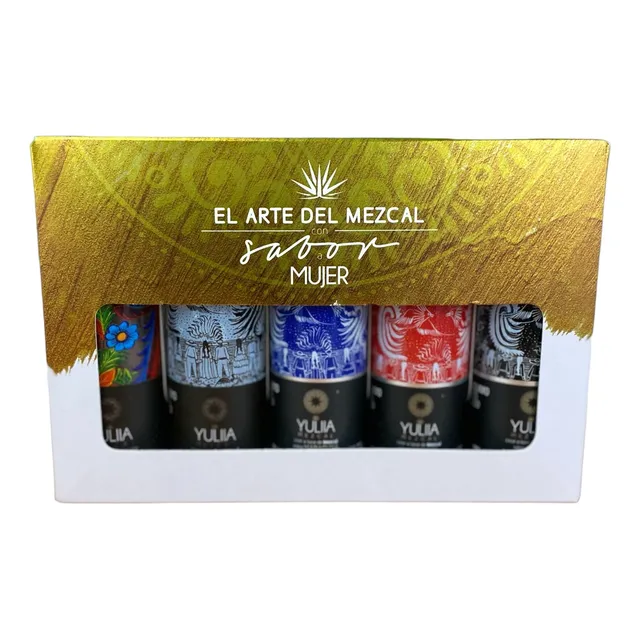 Yuliia | Estuche Con 5 Botellas De Licor A Base De Mezacal, Elaborado Con Mezcal Artesanal Joven De Maguey Espadín De Sabores: Maracuyá, Coco, Mezcal Natural, Café, Jamaica 50 Ml C/u Estuche regalo