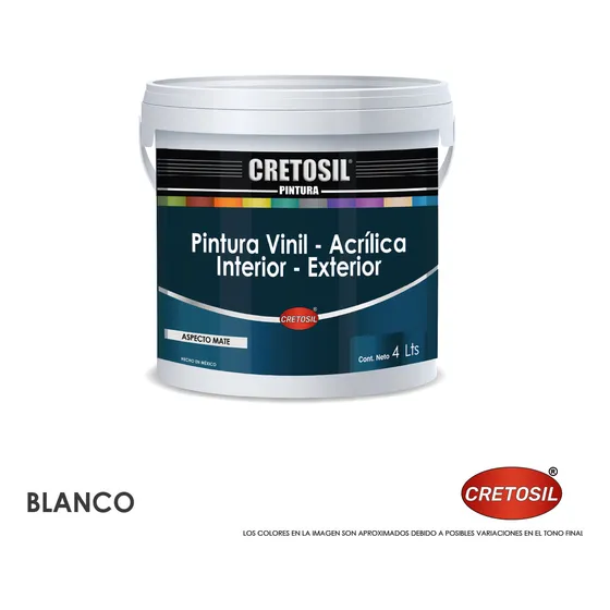 Cretosil Pintura Vinílica - Acrílica Para Interior Y Exterior. 100% Lavable. Blanco - 4 Lts. Aspecto Mate. Apto Para Paredes, Cemento, Yeso, Concreto, Ladrillo, Techos, Madera, Aplanados y más