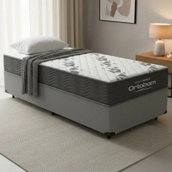 Cama Box Solteiro Ortobom com Colchão Espuma D33 Firme Cinza 88x188cm