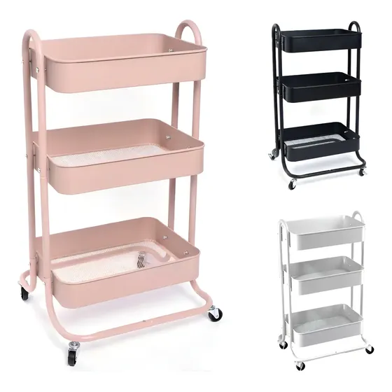 Carrinho Organizador Multiuso 3 Prateleiras Aço Com Rodinha Cor Rosa