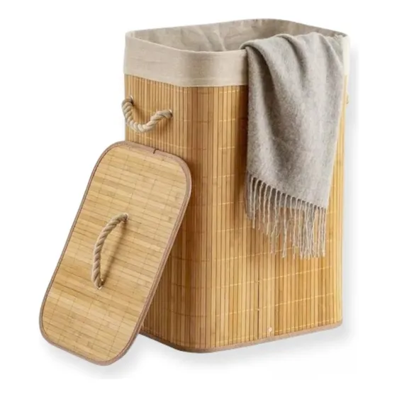 Canasto Cesto Ropa Sucia Pleglable Look Bambu Grande Tapa Im Beige