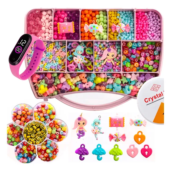 Kit Miçangas Infantil 3500 Pçs para Montar Pulseiras Bolinhas Maleta 19X13 cm 1 relógio digital Anita Bijuterias