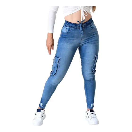 Pantalon Jogger Tipo Cargo Para Dama Con Stretch Itzi 467 Azul Claro 11