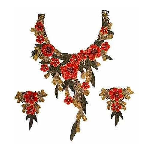 Flor Roja Encaje Cuello Tela Trim Diy Bordado Escote