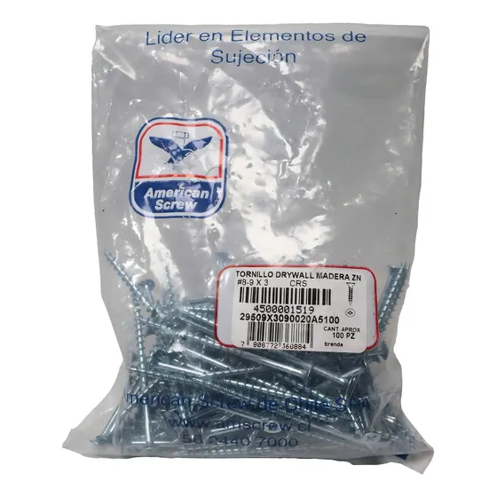 Tornillo Drywall Madera Zn #8-9x3'' 100uds. American Screw