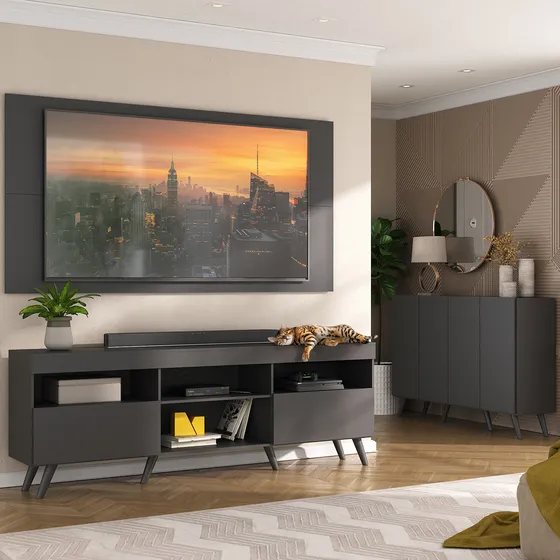 Conjunto Sala de Estar Rack + Painel TV 65" e Aparador Retrô Sofia Multimóveis Preto