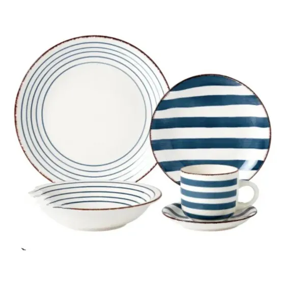 Set / Juego De Vajilla Mainstay Dinerware 30 Piezas Nuevo. Blanco Y Azul Líneas