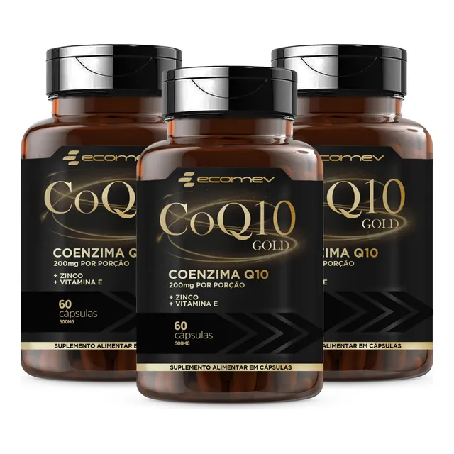 3 Potes Coenzima Q10 Gold 200mg Pura + Vit. E Zinco 180 Cáps