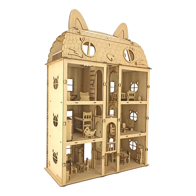 Casa Casita Gatito De 3 Pisos Con Muebles Y Ascensor