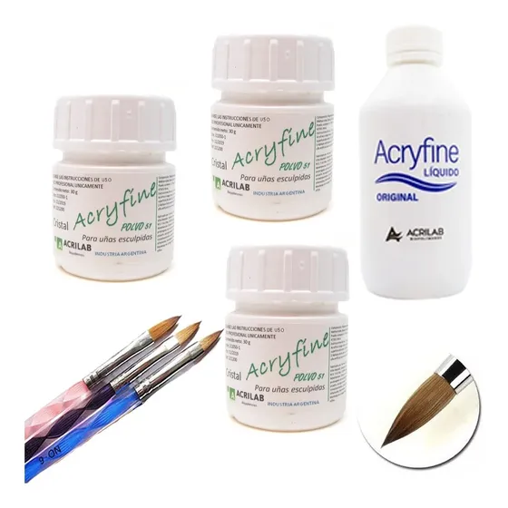 Kit 3 Acrilico Acryfine 30 Gs Polimeros +monomero + Pinceles