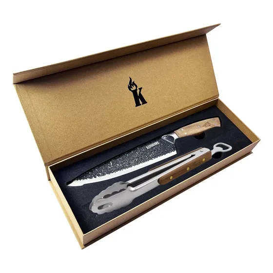 Set Parrillero Kangkawe Grabado Cuchillo Martillado + Pinza