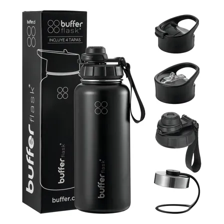 Termo Botella Agua Termica Buffer 950ml Acero Inoxidable + 4 Tapas New Black