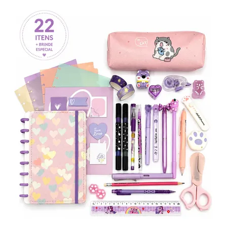 Kit Papelaria Fofa 22 Itens C/ Caderno 8 Discos E Divisória