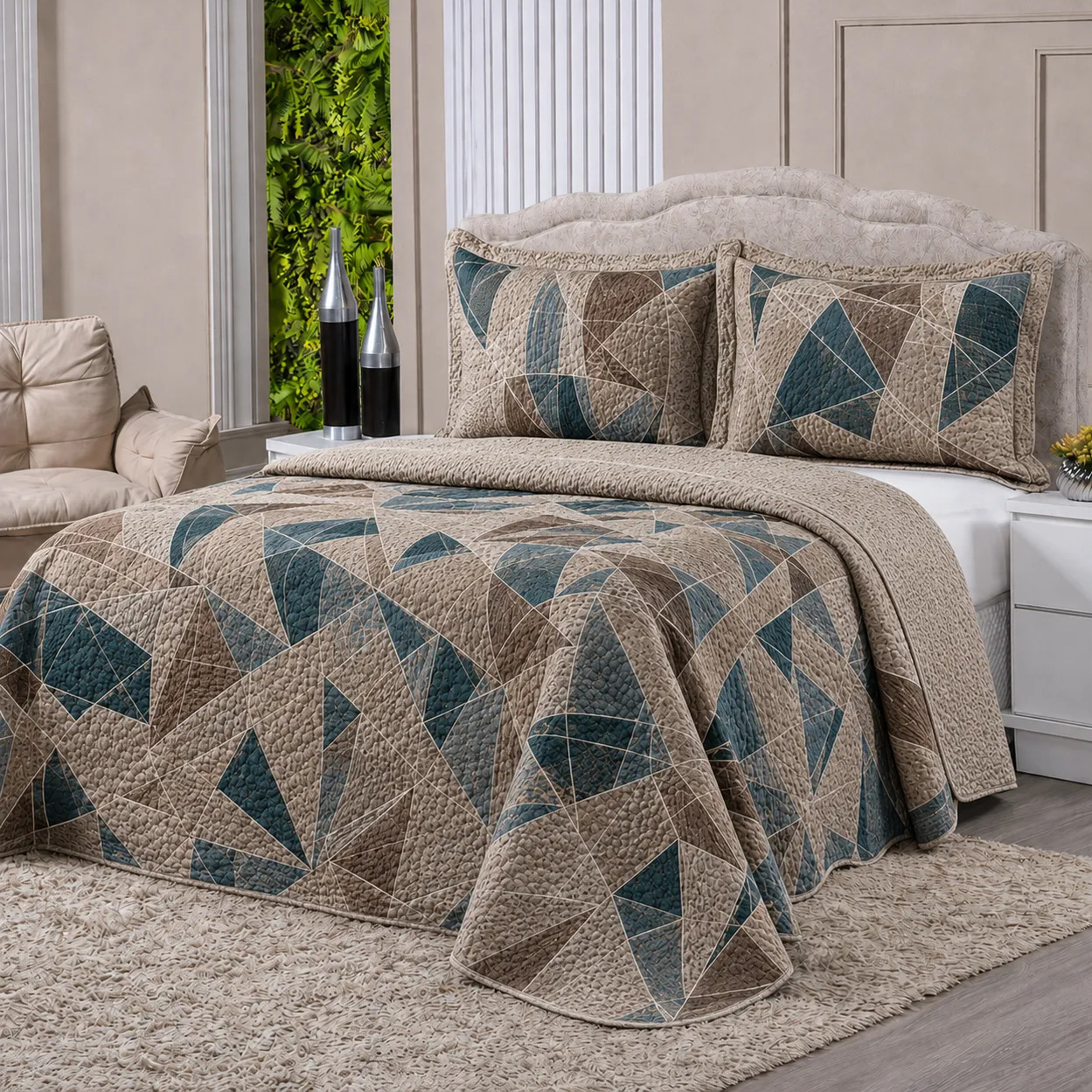 Kit Colcha Cobre Leito Queen Matelado Liso Estampado 3 Peças Kit Colcha Cobre Leito Queen Matelado Liso Estampado 3 Peças
