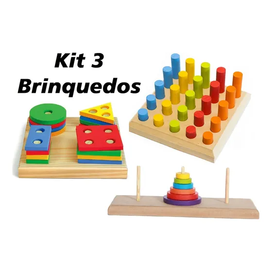 Kit Torre De Hanói Pinos De Encaixe Formas Geométricas 3 Uni