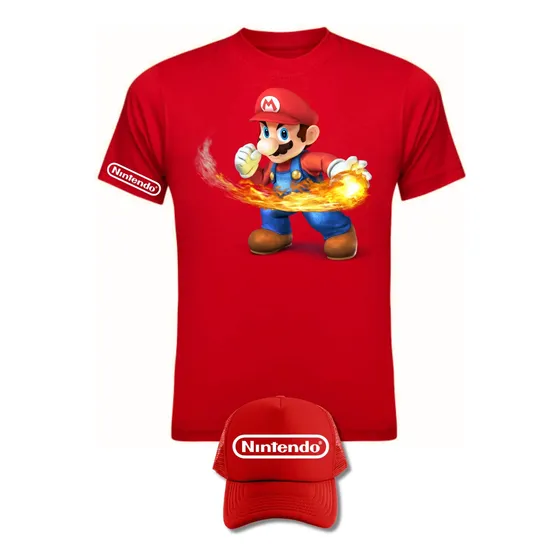 Camiseta Manga Corta Mario Bros Fire Obsequio Gorra 